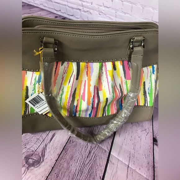 NWT Baekgaard Tan Leather Frame Shoulder Bag Watercolor Stripe Side Pockets - Picture 2 of 11